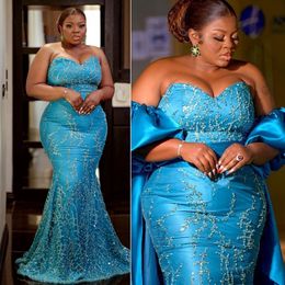 2024 Plus Size Aso Ebi Prom Dresses Mermaid Appliqued Lace Evening Formal Dress with Detachable Long Train Shine Birthday Party Dresses for Black Women Pageant ST659