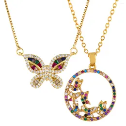 Pendant Necklaces Elegant Gold Plated Colourful Zirconia Round Hollow Out Butterfly Necklace Jewellery For Women Insect Choker Sweater Chain