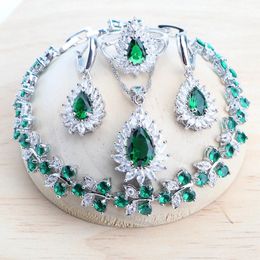 Sets Sier Wedding Jewellery Sets Green Zircon Bridal Jewellery Bracelets Set for Women Stones Earrings Ring Pendant Necklace