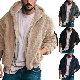 Men's Jackets Hooded Jacket Autumn/Winter Fleece Fur Furry Warm Solid Colour Outwear Zipper Casual Lamb Coat Fashion Sweatshirt