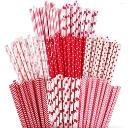 Disposable Cups Straws 200Pcs Valentine Day Paper Mixed 8 Designs Drink Decorated Wedding Birthday Party Supplies