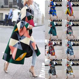 Women's Trench Coats Autumn And Winter Fashion Temperament Long Flared Sleeves Lapel Jacket Creative Printing Loose Casual Trend Windbreaker