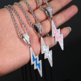 White Pink Blue Luminous Enamel Fluorescence Lightning Charm Pendant Necklace with Rope Chain Hip Hop Women Men Full Paved 5A Cubic Zirconia Daily Gift Jewellery