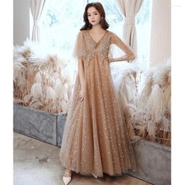 Party Dresses Champagne Cocktail Applique Sequined Women Flare Sleeves V Neck Pregnant Plus Size Temperament Celebrity Evening Gowns