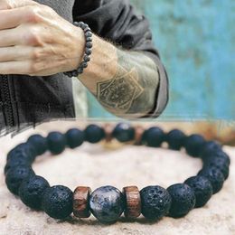 Natural Volcanic Lava bracelet Rock Stone Strand Bracelets Wood bead Black Charm Stone jewelry Women Men accessories Gift235D