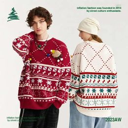 Men's Sweaters IATION Red Christmas Unisex Trendy Funny Bear Patched Knit Snow Pattern Jumpers