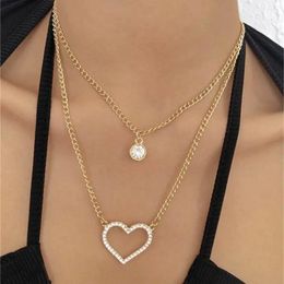 Pendant Necklaces Fashion Punk Chain Crystal Hollow Heart Necklace For Women Female Girl Vintage Boho Gold Colour Multilayer Gift Jewellery