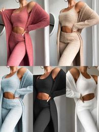 Women's Sleepwear 2024 3pcs Solid Women Autumn Velvet Up Crop Top Long Pants Cardigans Coat Fashion Pyjamas Homeswear Pigiami Donna