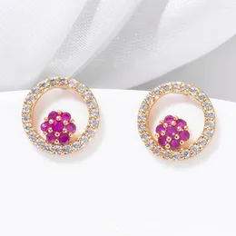 Stud Earrings ESSFF Ruby-Red Colour Circle Flower Design For Women OL Style Jewellery Gifts