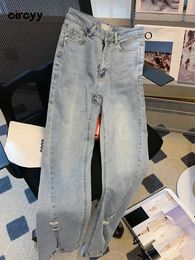 Jeans Circyy Slit Jeans for Women Summer Straight Pants Denim High Waist Wide Leg Button Bell Bottom Pants Loose Spring Clothe Vintage