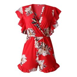 Rompers Rompers womens jumpsuit lace bodysuit Women Summer Printing V Neck Ruffles Sleeveless Rompers Jumpsuit Playsuit D300502