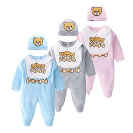 Strampler für geborene Babys, Strampler, Füßlinge, Mädchen, Jungen, Kleidung, Aufdruck, süßer Cartoon-Bär, geborener Hut, Lätzchen, Outfit 231218