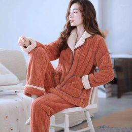 Women's Sleepwear Button Women Pyjamas Set Winter Fleece 2 Piece Pant Pocket Home Suit Fluffy Piiama Warm Solid Fashion Night Wear