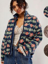 Women's Trench Coats Floral Print Elegant Coat Parkas Women Autumn Winter Sweet Korean Vintage Casual Zip Up Short Jacket