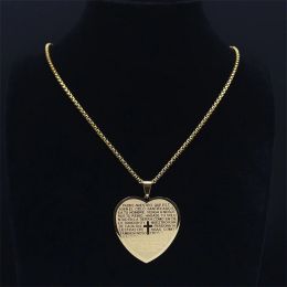 Catholic Holy Bible Verse Projection Cross Heart Necklace 14k Yellow Gold Spanish Religious Chain Jewellery colar feminino