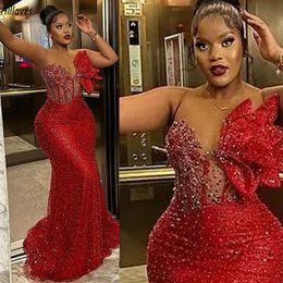 Red Plus Size African Girls Prom Dresses Shiny Sequins Beaded Unique Tiered Decor Women Formal Gowns Sweep Train Mermaid Second Reception Engagement Dress