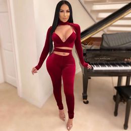 Women's Two Piece Pants Autumn Winter Velvet 3 Set Women's Clothes Long Sleeve Crop Top Bra Sexy Three Night Club Outfits