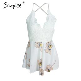 Rompers Simplee Apparel Strap white lace elegant jumpsuit romper Sexy backless chiffon summer playsuit Women boho floral short overalls