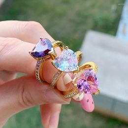 Cluster Rings Gold Plated Rainbow Colourful Cz Paved White Pink Purple Heart Band Finger Engagement Wedding Jewellery For Women