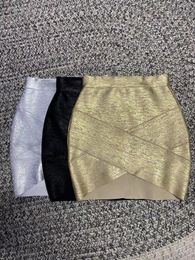 Skirts Top Quality Gold Silver Black Foil Colour Women Sexy Bandage Bodycon Mini SKirt Nightclub Party Celebrate Wear 231218