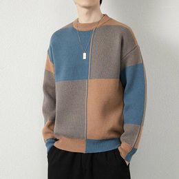 Men's Sweaters Autumn And Winter Fashion Plaid Knit Sweater Korea Harajuku Long-sleeved Pullover Round Neck Coffee Pink