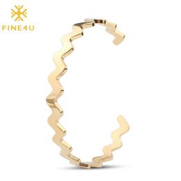 Bangle FINE4U B156 Stainless Steel Smooth Wave Bracelets & Bangles Gold Color Open Cuff For Men Women Adjustable271L