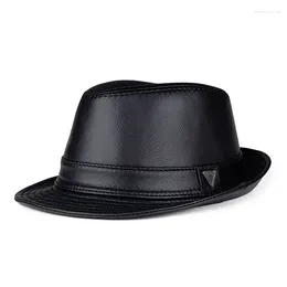 Berets 2023 Man High Quality Genuine Leather Formal Hat Jazz Gentleman Cow Skin Short Brim Black/Brown Top Male Shows Perform