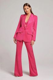 Women's Suits Blazers Shiny Diamond Sexy Suit Three Piece Set Flared Trousers Wide Leg Pants Pink Blazer Underwear Dressing For Parties And Weddings 231216