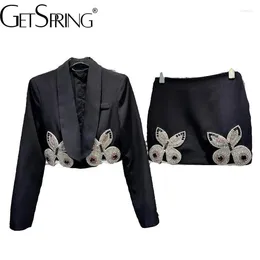 Two Piece Dress Women Skirt Suits 2023 Autumn Diamond Butterfly Shoulder Padded Short Blazer Coat Mini Pieces Sets