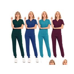 Women'S Two Piece Pants Womens Solid Color Spa Threaded Clinic Work Suits Tops Unisex Scrub Pet Nursing Uniform Drop Delivery Appare Dhgoz