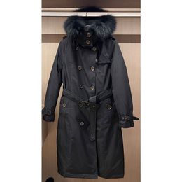 12.18 Temperament Fox Fur Collar Hooded Double Breasted With Belt Plaid Lining Back Split Down Coat Women