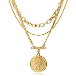 Layered Choker Necklace Gold Plated Coin Pendant Multilayer Disc Chunky Paperclip Link Chain Layering Chains254W