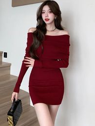 Casual Dresses Red Knitted Long Sleeve Mini Dress For Women Autumn Winter Elegant Bodycon Sweater 2023 Korean Fashion Chic Luxury