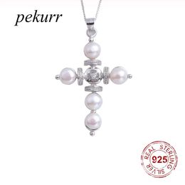 Pendants Pekurr Sterling Sier Big Natural Freshwater Pearl Cross Female Pendants Necklaces for Women Collar Zircon Jewelry
