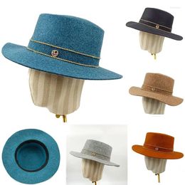 Berets Winter Blue Wool Flat Top Fedora Jazz Hip Hop Hat Drill Strip M Accessories Neutral Monocromo Sombrero