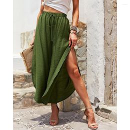 Women's Pants 2023 Autumn Women Loose Lace Stitching Green High-waist Drawstring Side Split Wide Leg Cotton Linen