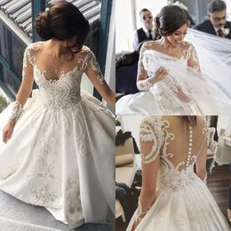 Bead Ball Gown Wedding Dresses Sexy See Through Vestido De Novia Plus Size Lace Long Sleeve Wedding Dress