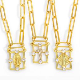 Pendant Necklaces Gold Plated Thick Chain Virgin Mary Necklace For Women Zircon Cross Square Hollow Protection Catholic Christian Jewellery