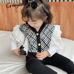 Pullover Girls Long Sleeve Blouse Spring Shirts Tops Children Wear Clothes Korean Fashion Stitching Lace Cardigan 231218