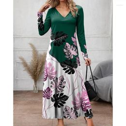 Casual Dresses Fashion Women's Trendy Positioning Printed V-neck Slim Fit Long Dress Spring/Summer Elegant Woman Sleeve Vestidos