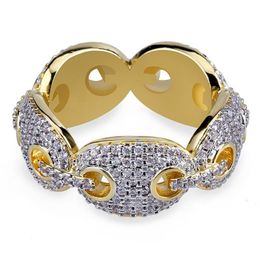 High Quality Hip Hop Ring Iced Out Micro Pave Zircon Chain Link Ring Gold Color Plated Bling Jewelry2320