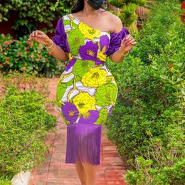 Casual Dresses 2023 Floral Print Dress Slant Collar Five Point Balloon Sleeves Hem Fringe Evening Birthday For Women Streetwear