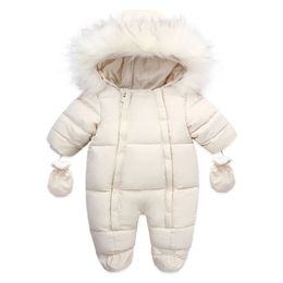 Rompers Winter Baby Jumpsuit Thick Warm Infant Hooded Inside Fleece Rompers born Boy Girl Overalls Outerwear Kids Snowsuit 231218