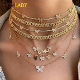 new gold filled iced out hiphop bling wide Miami Curb Cuban Link Chain rock CZ butterfly choker women chain adjust size necklace T247p