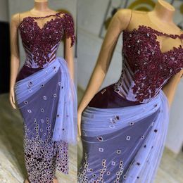 Dark Purple Plus Size Aso Ebi Prom Dresses Mermaid Tulle Crystals Rehinestones Evening Dress for Special Occasions African Arabic Birthday Party Gowns Gala NL033