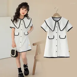 Girl Dresses Summer Girls A-line Dress Korean Kids Clothes Vestidos Teenage Turndown Collar Pockets Cotton Short Sleeve 6 To 16 Years