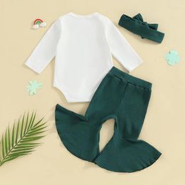 Clothing Sets Baby Girls Irish Outfits Shamrock Print Long Sleeves Romper And Elastic Flared Pants Headband Set Fall Clothes