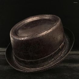 Berets 4 Big Size Leather Pork Pie Hat For Dad Fedora Men Boater Flat Top Gentleman Bowler Porkpie Hats