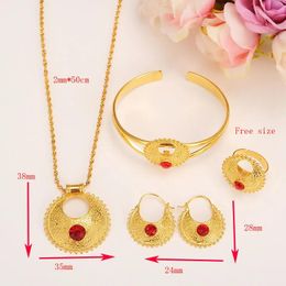 Necklace Ethiopian Set Jewellery Pendant /Earrings/Ring/Bangle Solid 14k Solid Gold GF Fine CZ red ruby Africa Bride Wedding Eritrea Party Gi
