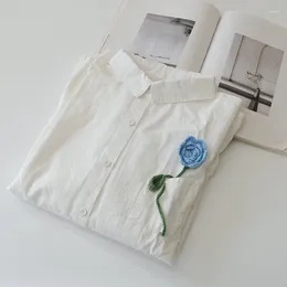 Women's Blouses Spring Japanese Blue Flower Loose Long-Sleeved Shirt Women Sweet White